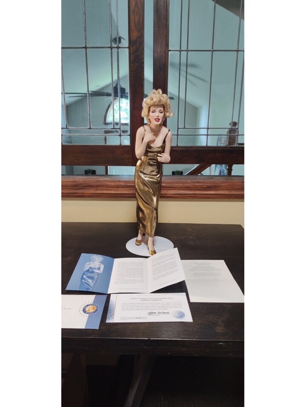 Franklin Mint Always Marilyn Monroe Porcelain Portrait Doll Gold Dress COA Stand